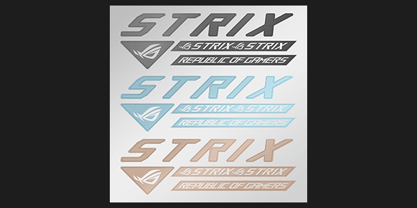 ROG Strix stickers in black, blue and red for customisation.
                