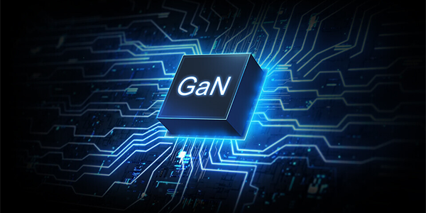 GaN MOSFET illustration on blue luminous PCB.