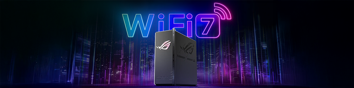 Rog Strix router with futuristic city background, WiFi 7 in neon lights.