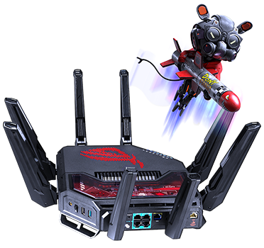 ROG Rapture router with ASUS OMNI character render floating above.