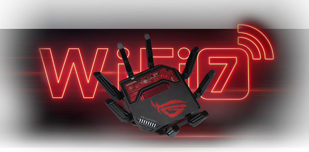 ROG Rapture router with a WiFi 7 illustration behind.