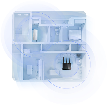 House plan rendering with RP-AX58 extending a router's signal via a pulse illustration.