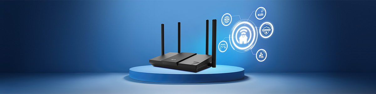 RT-BE50 router on a platform with surrounding icons depicting gaming, security and privacy