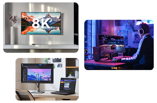 Three home lifestyle images of an 8K TV, a PC and a laptop to highlight powerful performance.