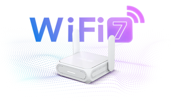 Illustration of WiFi 7 icon behind the RT-BE58 Go router