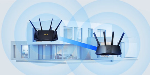 Two compatible ASUS routers working together throughout a home via AiMesh.