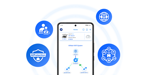 Mobile phone with AiMesh management interface on screen.