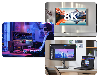 Series of lifestyle scenarios, showing home media, home office and gaming room.