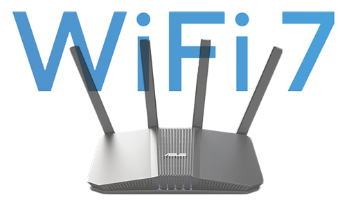 RT-BE59 WiFi7 router with WiFI7 in the background.