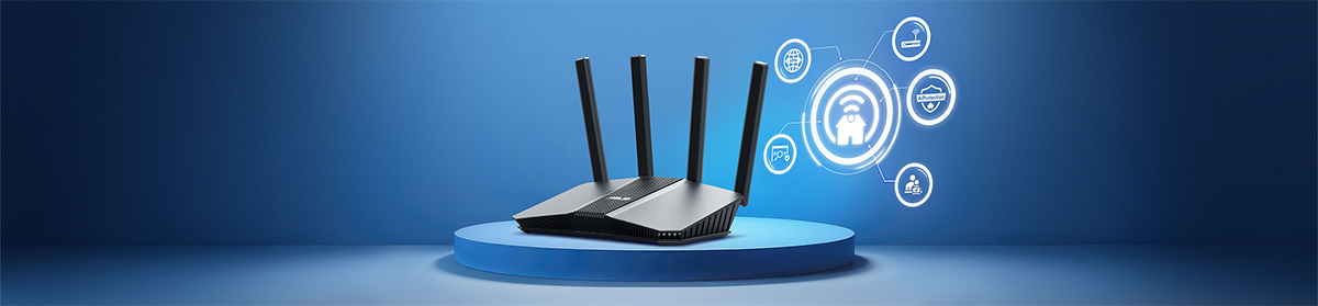 RT-BE82U router on a platform with surrounding icons depicting gaming, security and privacy