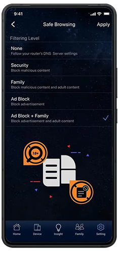 ASUS Router app displaying Safe Browsing & AdGuard interface.