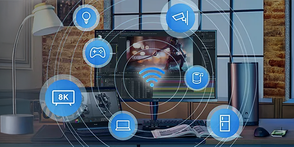 Living room showing WiFi coverage of smart home devices, including lighting, gaming, security camera, robot vacuum, smart plug, laptop, and 8K display.
