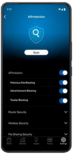 ASUS Router app displaying AiProtection interface.