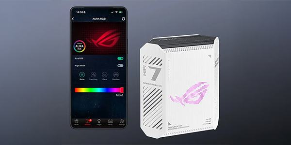 ASUS Router App AURA RGB lighting adjustment panel open on mobile phone, next to the ROG Strix GS-BE7200 router.
