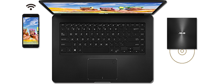 Image of the ZenDrive next to a laptop and smartphone