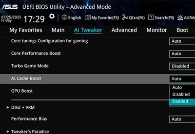 ASUS UEFI BIOS Utility interface with AI Cache Boost selected