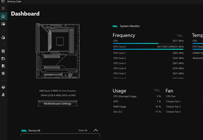 ASUS Armoury Crate software interface, showcasing its menu