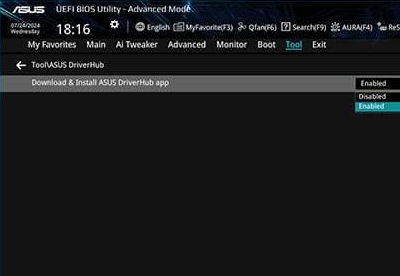 ASUS UEFI BIOS Utility interface with ASUS DriverHub selected