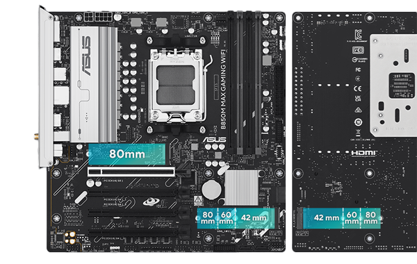 Top-down view of motherboard showing PCIe 5.0 and 4.0 zones.