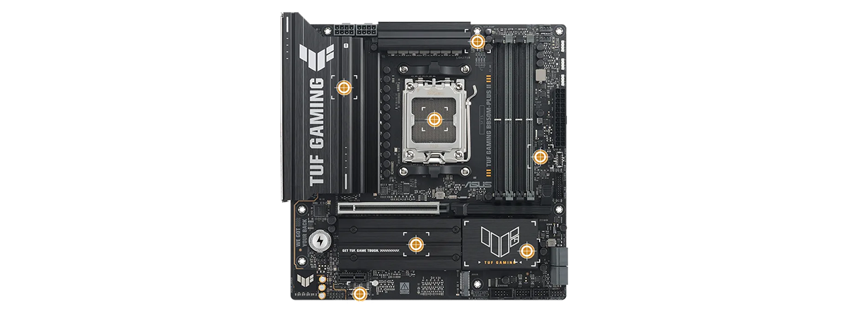 Top-down view of the motherboard with orange markers overlaying various cooling zones of the motherboard