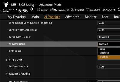 ASUS UEFI BIOS Utility interface with AI Cache Boost selected