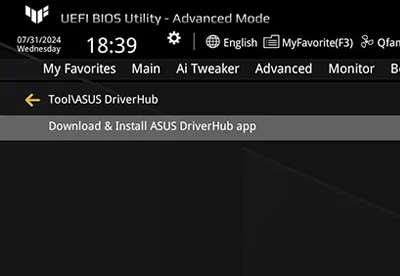 ASUS UEFI BIOS Utility interface with ASUS DriverHub selected