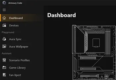 ASUS Armoury Crate software interface, showcasing its menu