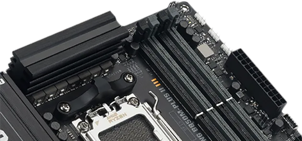 Top right of the TUF GAMING B850M-PLUS II motherboard, highlighting DDR5 memory slots