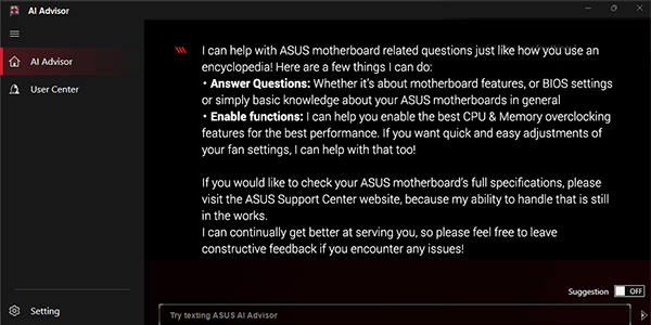 ASUS AI Advisor selected.
