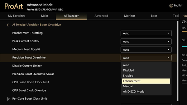 Precision Boost Overdrive setting selected.