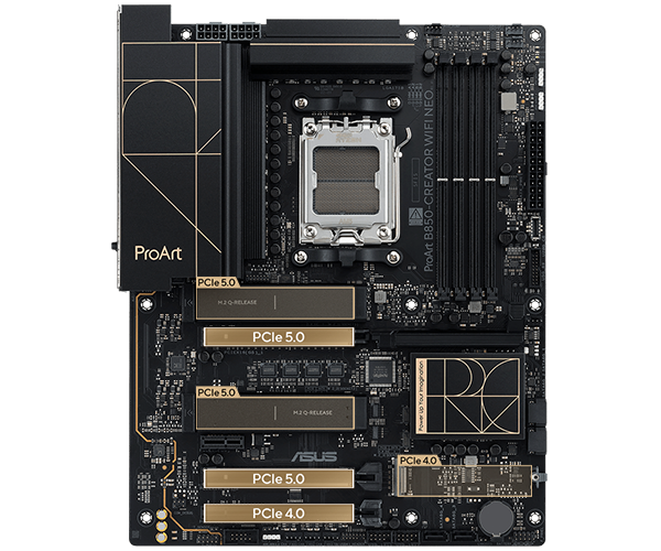 PCIe 5.0 slots highlighted on a top-down view of the ProArt motherboard.