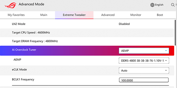 AEMP mode selected on BIOS interface.