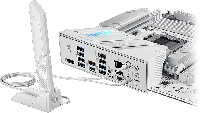 Rear I/O ports with WiFi antenna plugged in.