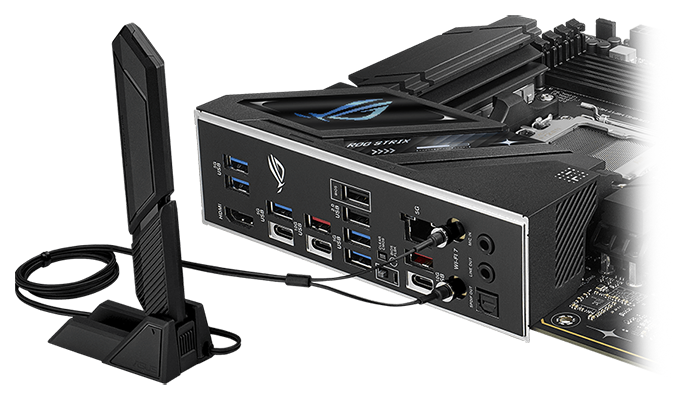 Rear I/O ports with WiFi antenna plugged in.