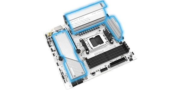 Angled view of B850M mATX motherboard, highlighting cooling armour.