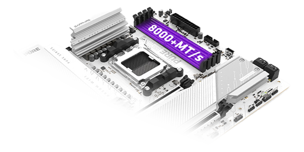Angled view of B850M mATX motherboard, highlighting 8000 MT/s memory speed.