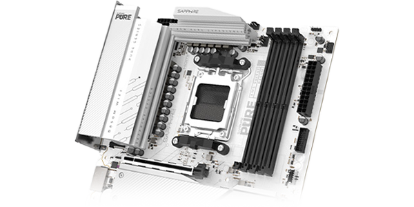 Angled view of B850M mATX motherboard, highlighting power phases.