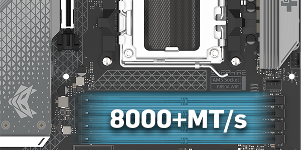 Close up of the NITRO+ motherboard DDR5 sockets.