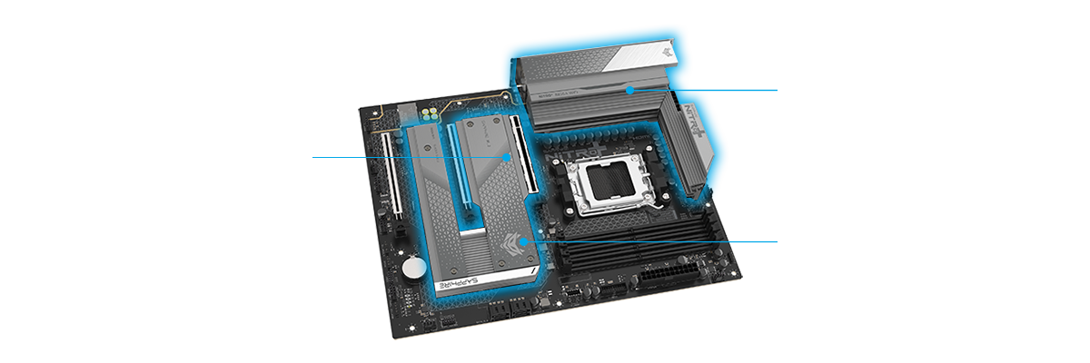 NITRO+ motherboard with highlighting around its cooling armour.