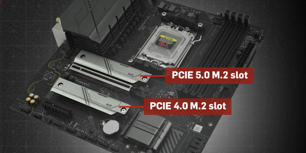 PCIe 5.0 and 4.0 M.2 highlighted on the PULSE B850M motherboard.