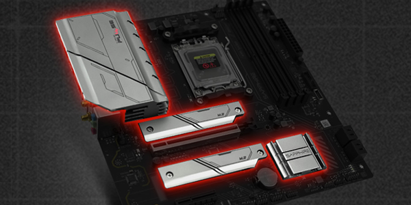 PULSE heatsink armour highlighted above the B850M motherboard.