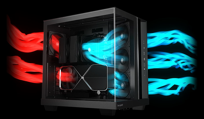 PC build visualisation showing red streaks to indicate exhaust and blue streaks to show intake