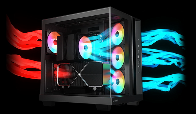 PC build visualisation showing red streaks to indicate exhaust and blue streaks to show intake