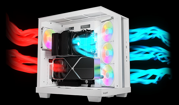 PC build visualisation showing red streaks to indicate exhaust and blue streaks to show intake