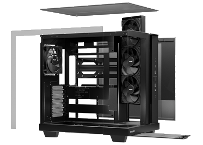Exploded view of case revealing fans and modular panels