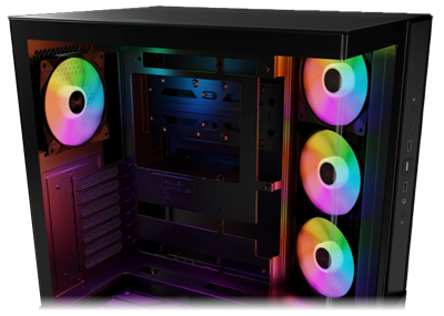 Exploded view of case revealing fans and modular panels