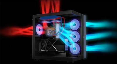 Image of cool air being brought into a pc case and hot air being expelled