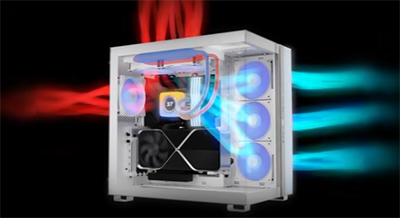 Image of cool air being brought into a pc case and hot air being expelled