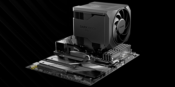 Side angle of motherboared with Dark Rock Pro 6 CPU cooler installed.