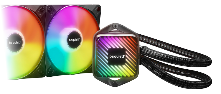 be quiet! Pure Loop 3 Pump cover and Pure Wings 3 showing stripy design